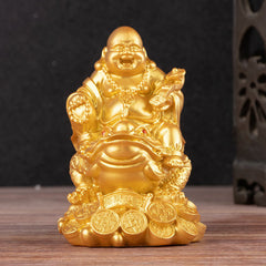 Laughing Buddha Feng Shui Frog Wealth Resin Statue – golden Happy Buddha sitting on money frog with coins, prosperity decor