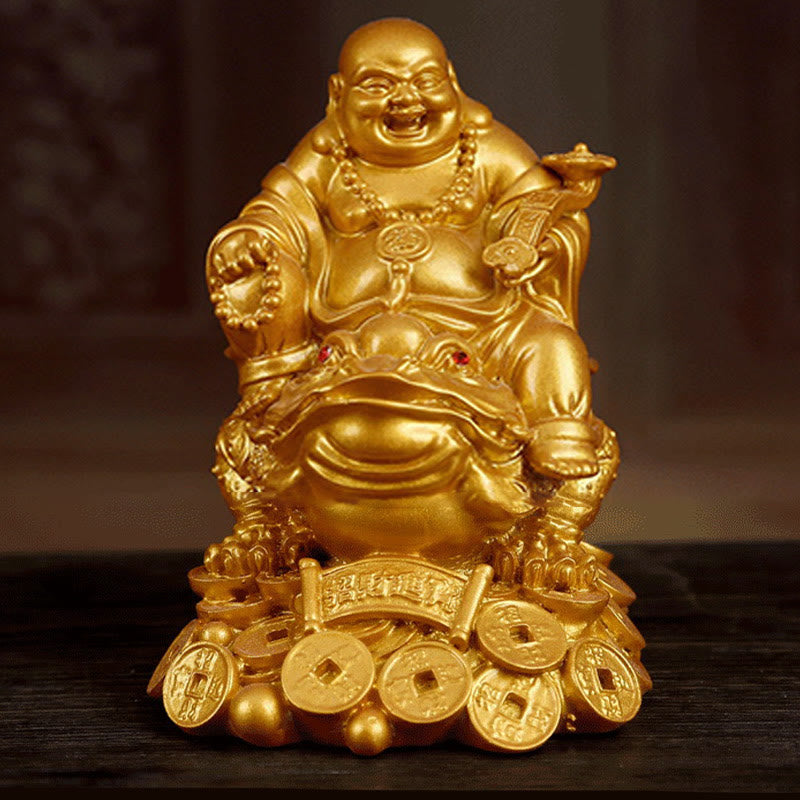 Laughing Buddha Feng Shui Frog Wealth Resin Statue – top-down view showing Buddha head and frog coin arrangement
