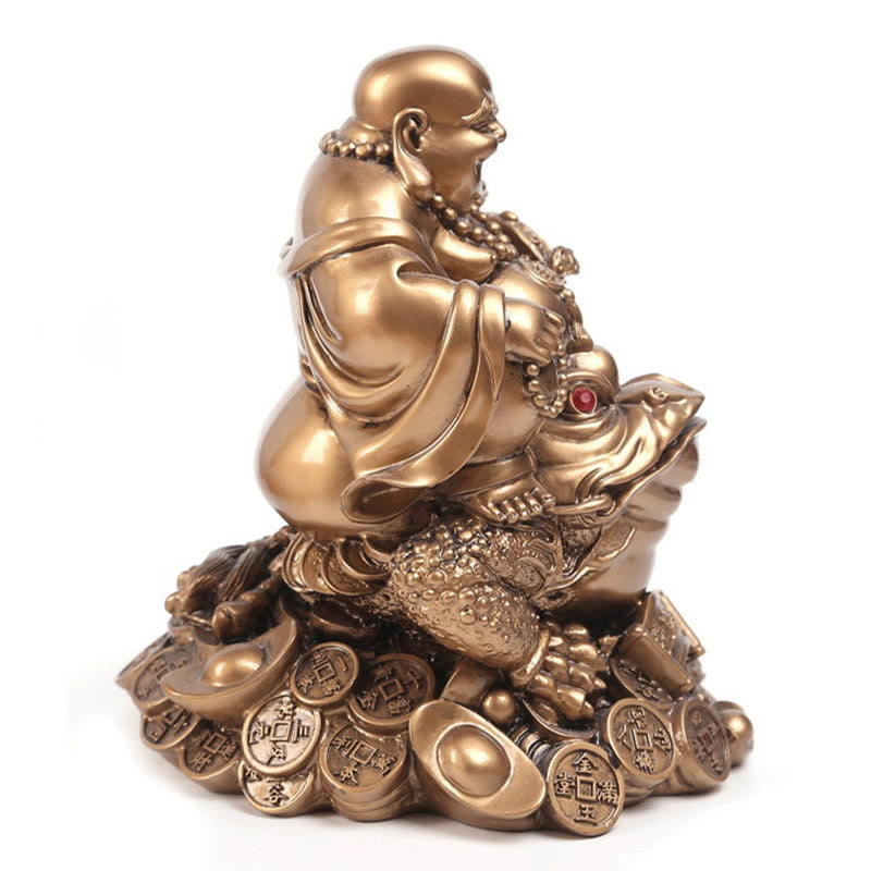 Laughing Buddha Feng Shui Frog Wealth Resin Statue – gift wrapped in red paper with fu character, lucky present packaging
