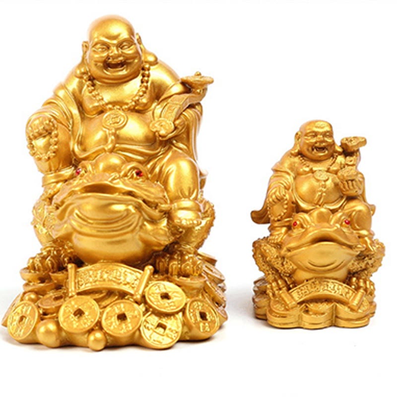 Laughing Buddha Feng Shui Frog Wealth Resin Statue – antique copper coins detail, Qing dynasty replica currency