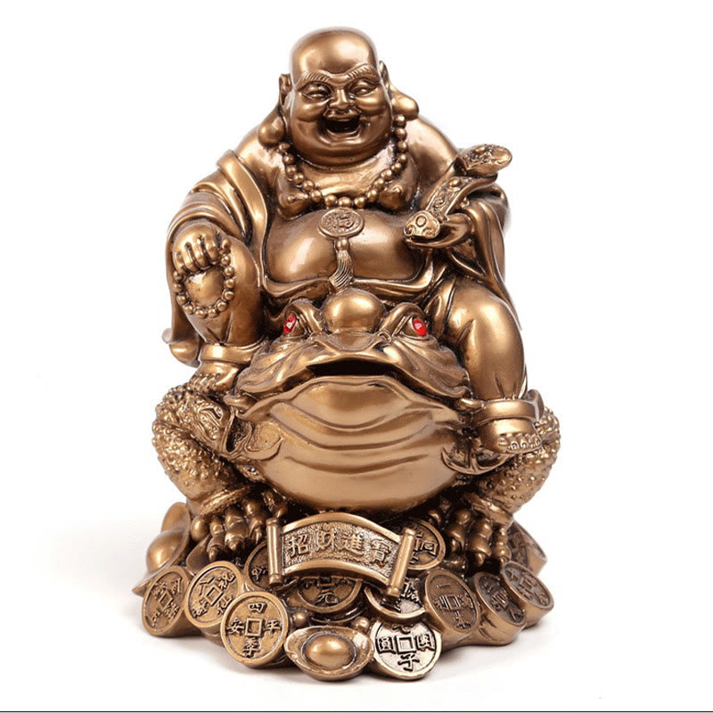 Laughing Buddha Feng Shui Frog Wealth Resin Statue – with fortune cat and lucky bamboo, Asian prosperity symbol group