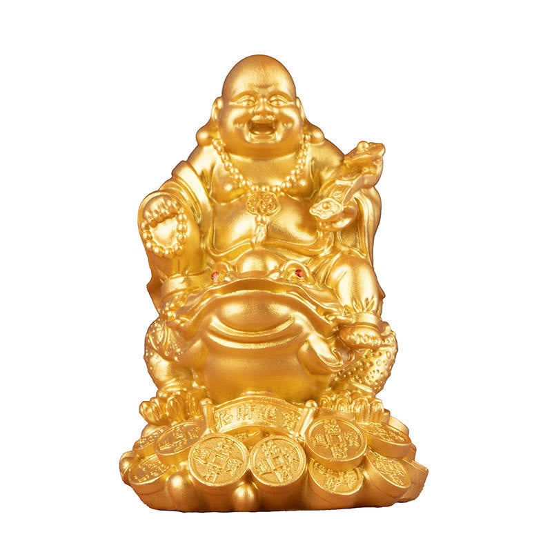 Laughing Buddha Feng Shui Frog Wealth Resin Statue – statue on wooden desk near window, home office feng shui placement