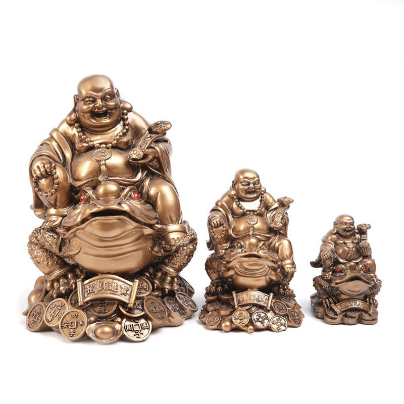 Laughing Buddha Feng Shui Frog Wealth Resin Statue – on red cloth with gold tassel, traditional Chinese new year display
