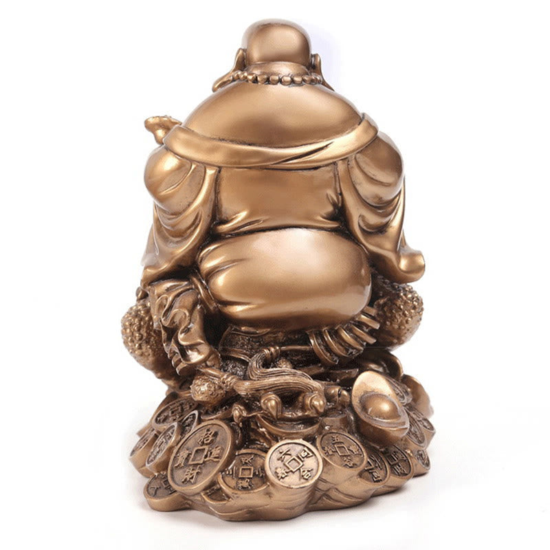 Laughing Buddha Feng Shui Frog Wealth Resin Statue – in temple setting with incense burner, spiritual worship context