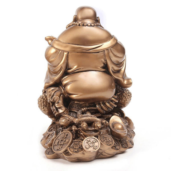 Laughing Buddha Feng Shui Frog Wealth Resin Statue – in temple setting with incense burner, spiritual worship context