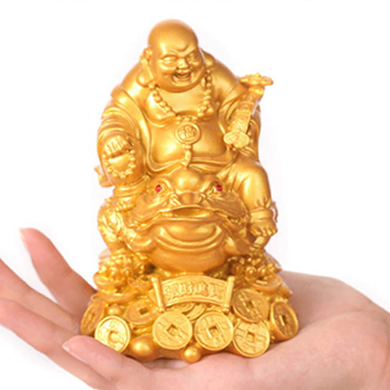 Laughing Buddha Feng Shui Frog Wealth Resin Statue – on entryway console table with plant, welcoming wealth corner