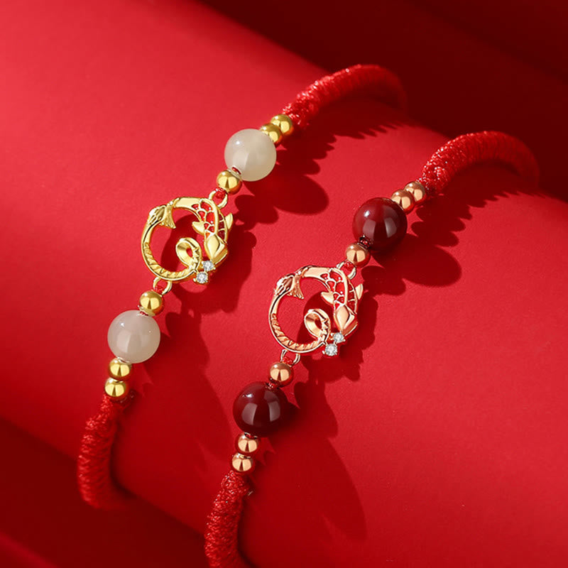 Silver Jade Cinnabar Koi Snake Bracelet – pair of gold and rose gold koi lotus bracelets, jade and garnet beads