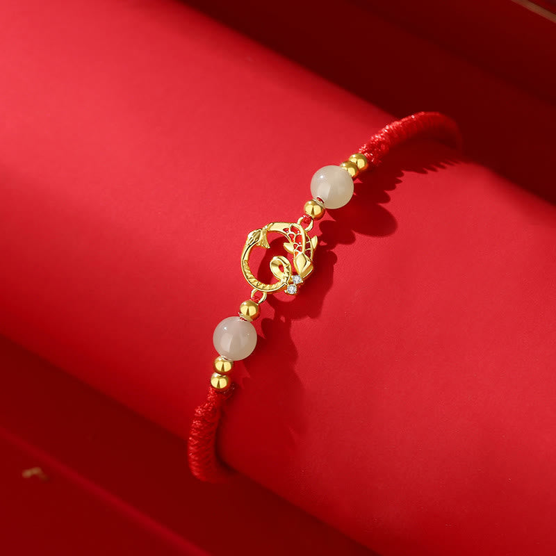 Silver Jade Cinnabar Koi Snake Bracelet – gold lotus charm with jade beads on red fabric, feng shui lucky jewelry