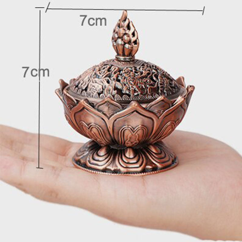 Lotus Shaped Incense Burner - Antique bronze lotus censer three-quarter view white background, Zen healing