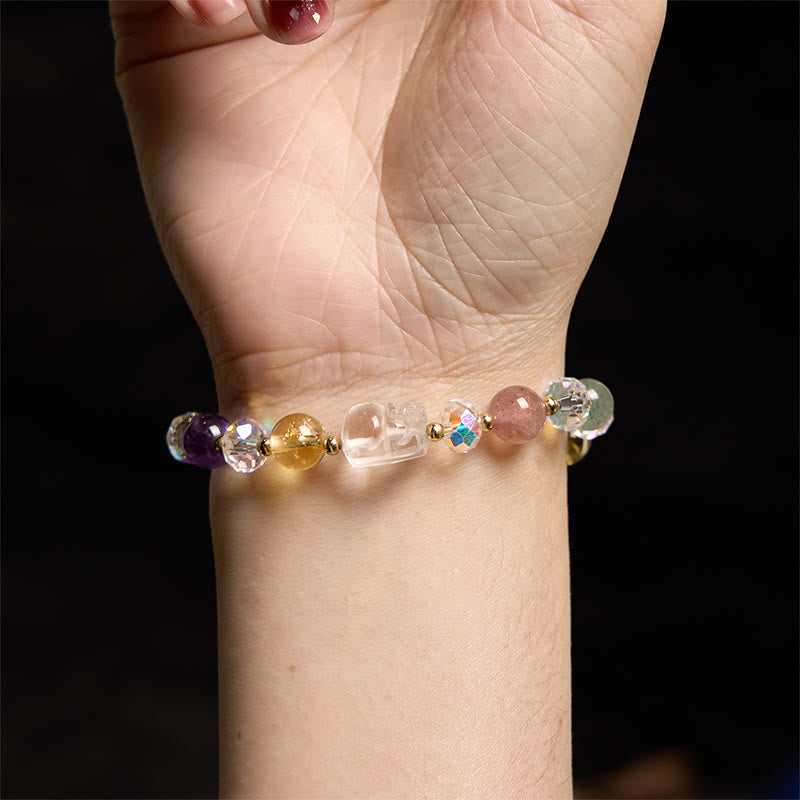 PiXiu White Crystal Bracelet – Wrist model on black background showing full bead arrangement, crystal healing
