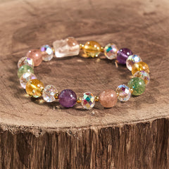 PiXiu White Crystal Bracelet – Multi-crystal bracelet with carved PiXiu on tree stump, spiritual jewelry