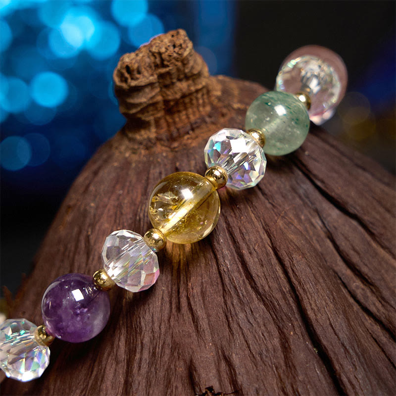 PiXiu White Crystal Bracelet – Detail of citrine amethyst and faceted crystal beads on wood, chakra jewelry