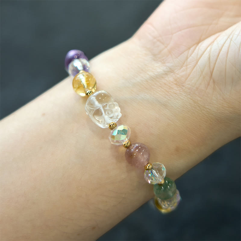 PiXiu White Crystal Bracelet – Dark background wrist shot highlighting carved PiXiu charm, meditation jewelry