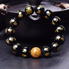 Rainbow Obsidian Mantra Bracelet - Gold foil lettering on glossy black beads, meditation jewelry