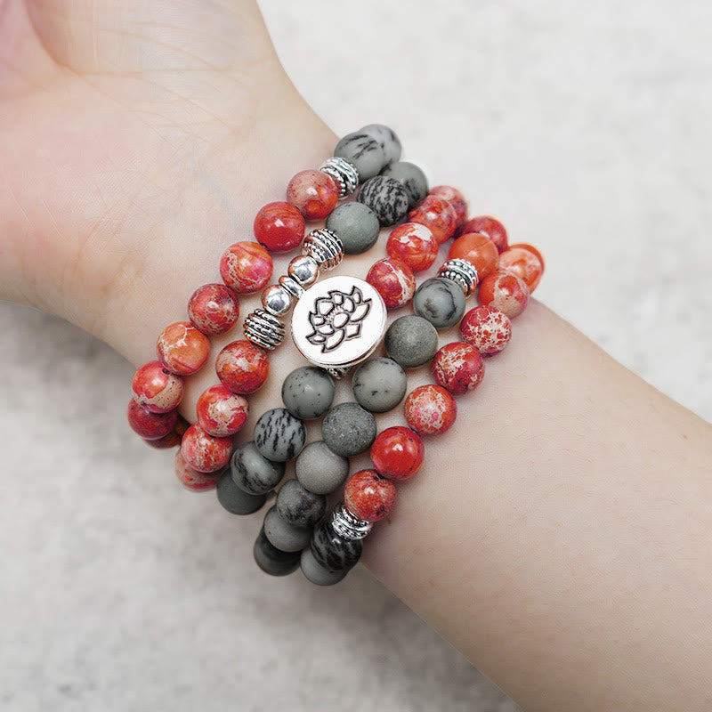 108 Mala Beads Sea Sediment Jasper Lotus Bracelet – Wrist wrap bracelet on hand, red gray beads with lotus charm, yoga