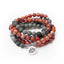 108 Mala Beads Sea Sediment Jasper Lotus Bracelet – Three-strand red gray bead stack with silver lotus charm, mala bracelet