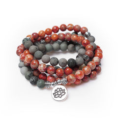 108 Mala Beads Sea Sediment Jasper Lotus Bracelet – Three-strand red gray bead stack with silver lotus charm, mala bracelet