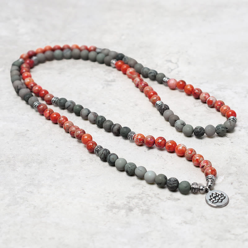 108 Mala Beads Sea Sediment Jasper Lotus Bracelet – Long bead wrap necklace with red gray stones and lotus pendant, mala
