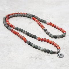 108 Mala Beads Sea Sediment Jasper Lotus Bracelet – Long bead wrap necklace with red gray stones and lotus pendant, mala