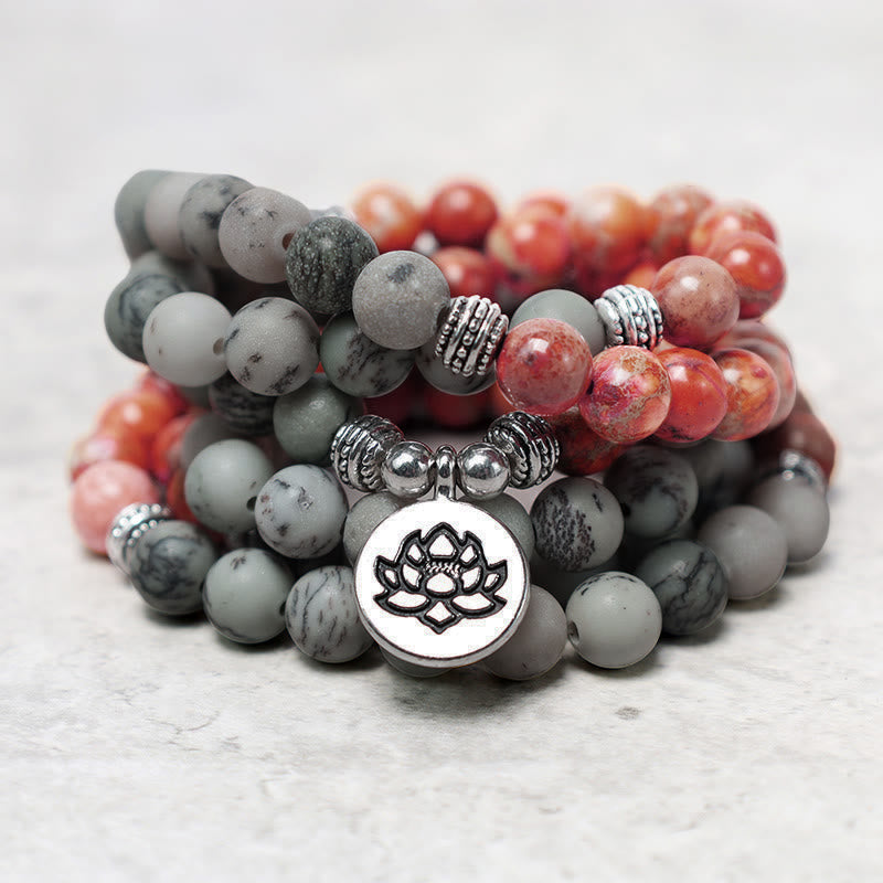 108 Mala Beads Sea Sediment Jasper Lotus Bracelet – Four-layer stone bead stack gray and red tones, silver lotus charm, yoga