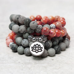 108 Mala Beads Sea Sediment Jasper Lotus Bracelet – Four-layer stone bead stack gray and red tones, silver lotus charm, yoga