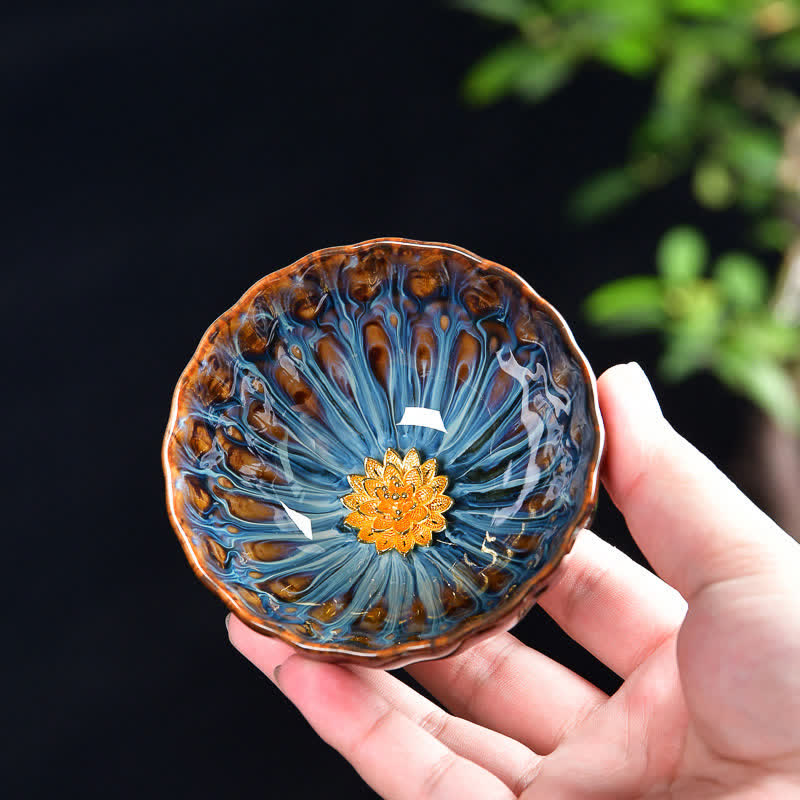 Lotus Peacock Dragon Phoenix Koi Fish Ceramic Teacup – front view showing all four motifs, 120ml handmade cup