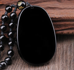 Black Obsidian PiXiu Pendant – Smooth polished back of obsidian pendant with bead necklace