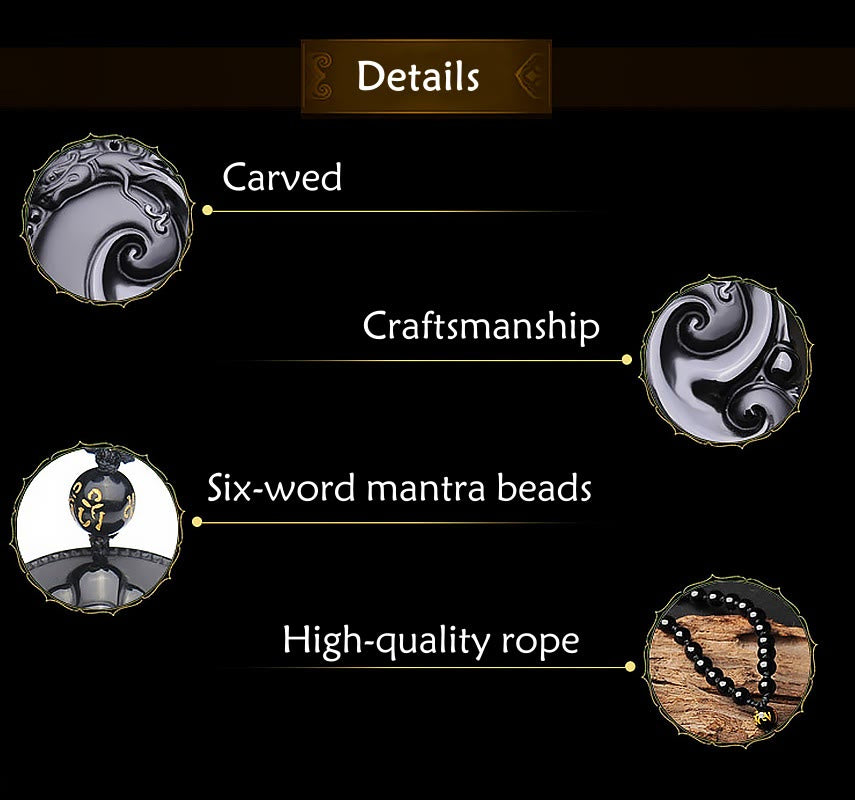 Black Obsidian PiXiu Pendant – Product details infographic carved craftsmanship mantra beads