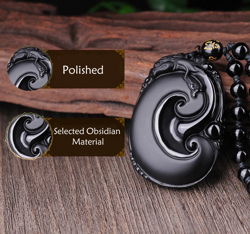 Black Obsidian PiXiu Pendant – Polished obsidian pendant with material quality callouts