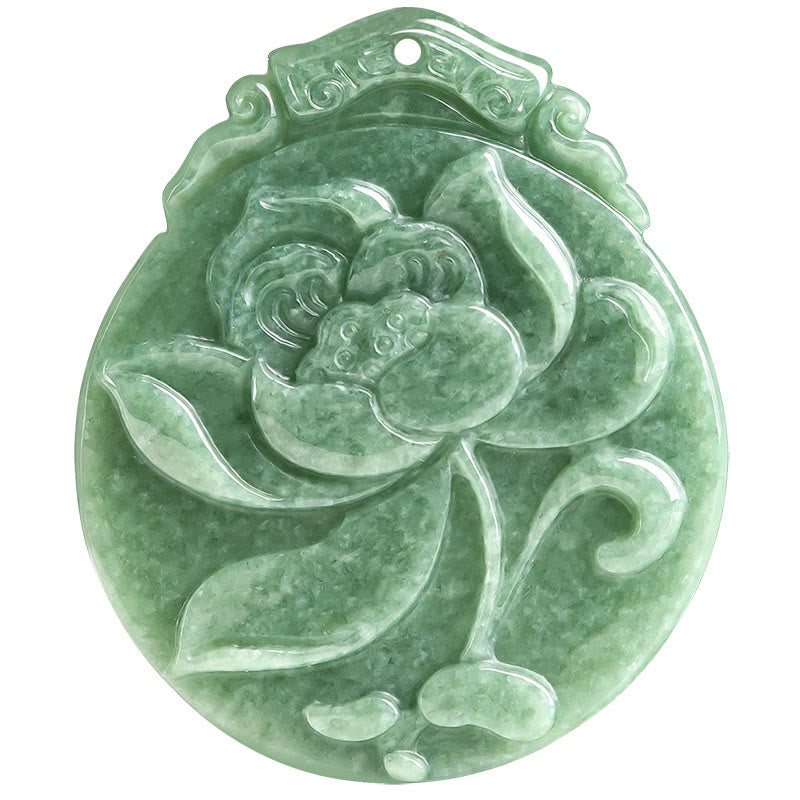 Round Lotus Jade Necklace - white background front view, intricate lotus carving