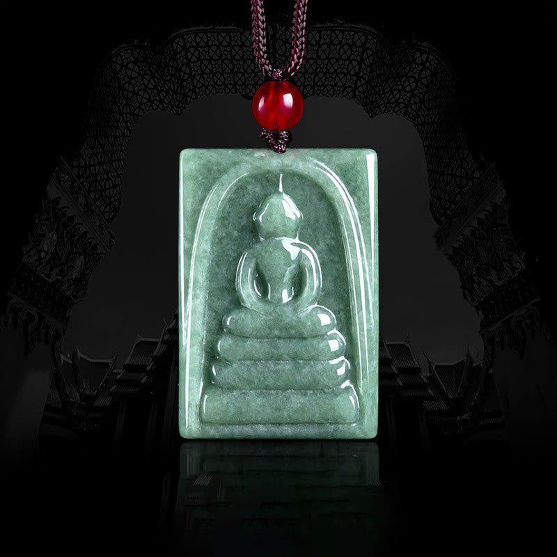 Formless Buddha Jade Square Amulet Necklace – green jade square pendant with Buddha carving on cord, prosperity amulet