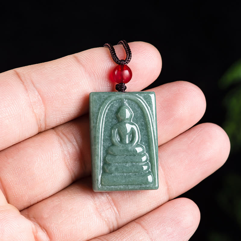Formless Buddha Jade Square Amulet Necklace – model wearing adjustable cord necklace, chest length spiritual pendant