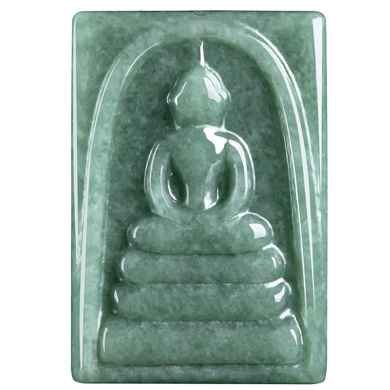 Formless Buddha Jade Square Amulet Necklace – lifestyle outdoor shot with natural light, jade luminescence detail