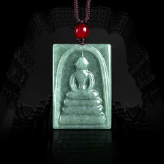 Formless Buddha Jade Square Amulet Necklace – green jade square pendant with Buddha carving on cord, prosperity amulet