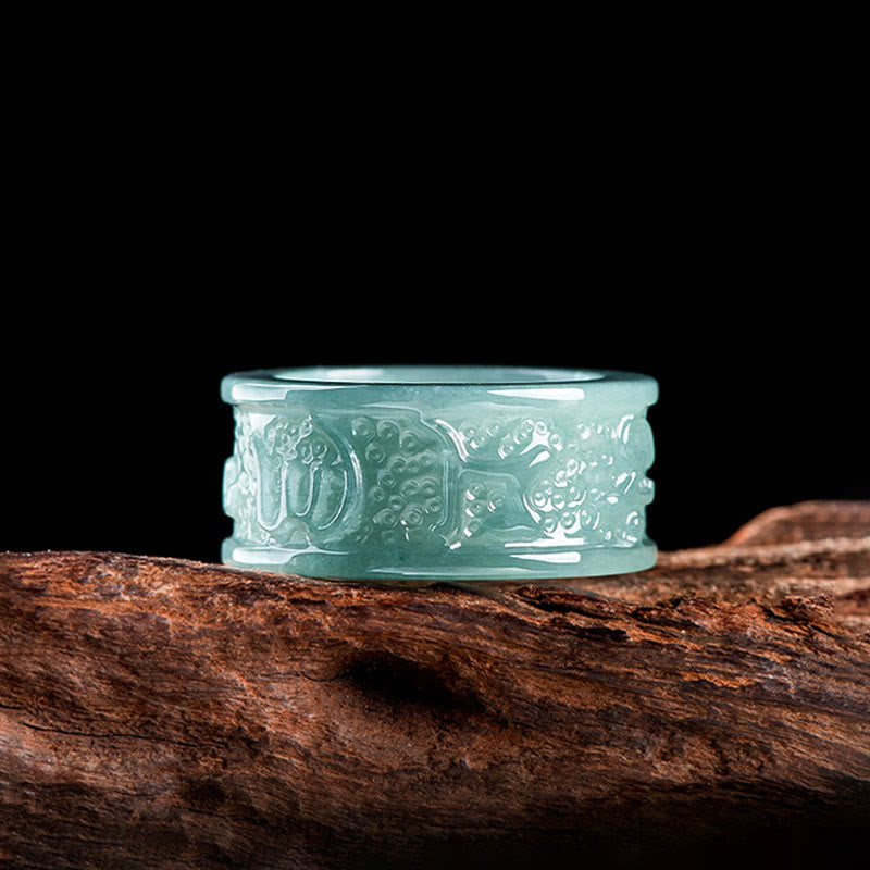 Jade Om Mani Padme Hum Ring – Side angle revealing cloud pattern relief, jade thumb ring