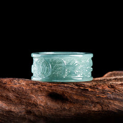 Jade Om Mani Padme Hum Ring – Side angle revealing cloud pattern relief, jade thumb ring