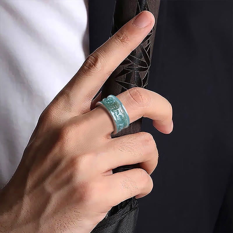 Jade Om Mani Padme Hum Ring – Worn on hand, dramatic lifestyle shot, men’s jade ring