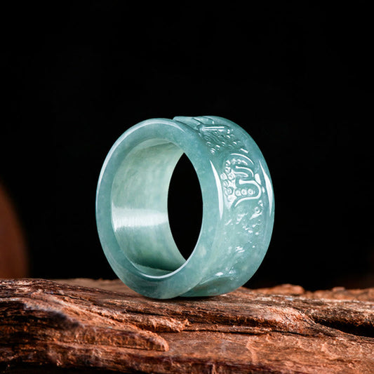 Jade Om Mani Padme Hum Ring – Side view showing dragon motif, engraved jade ring