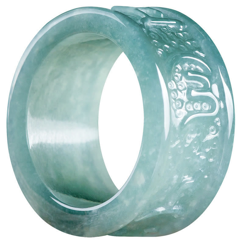 Jade Om Mani Padme Hum Ring – Tilted on white background, translucent icy jade