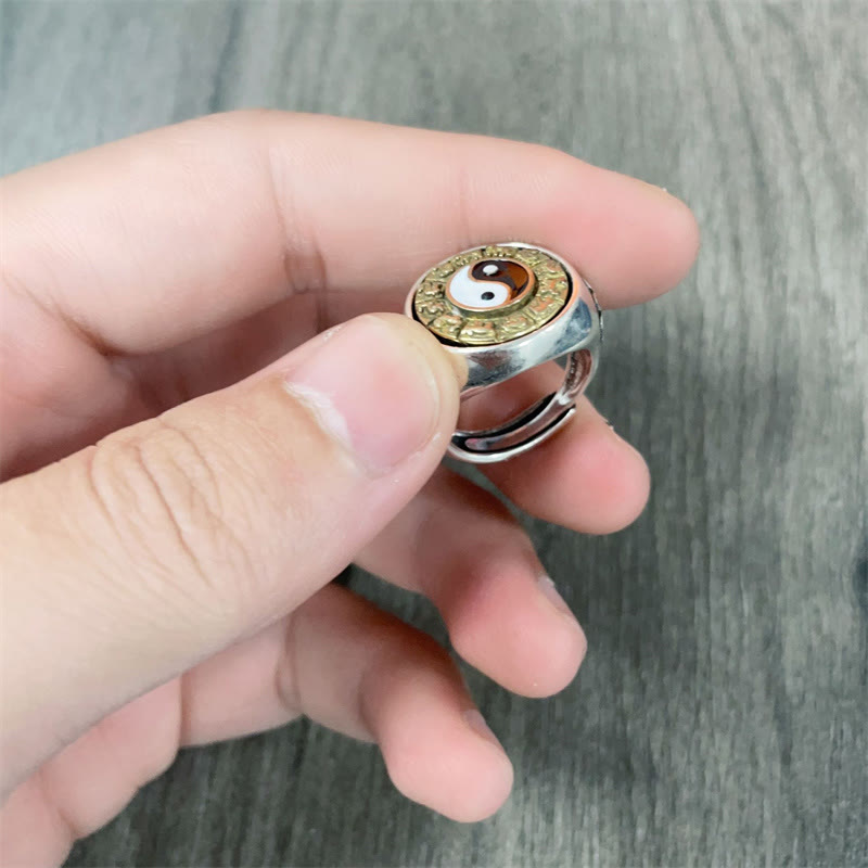 Yin Yang Chinese Zodiac Ring - yin yang zodiac ring with bagua sides on wood, feng shui ring