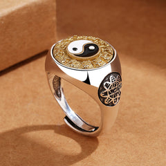Yin Yang Chinese Zodiac Ring - adjustable open band with yin-yang and zodiac bezel, statement ring