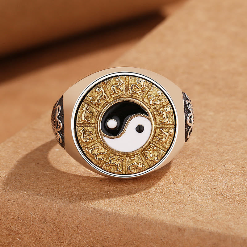 Yin Yang Chinese Zodiac Ring - two-tone ring with yin-yang and zodiac engravings, astrology ring