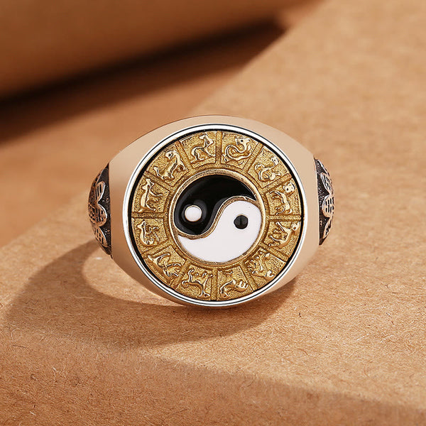 Yin Yang Chinese Zodiac Ring - two-tone ring with yin-yang and zodiac engravings, astrology ring