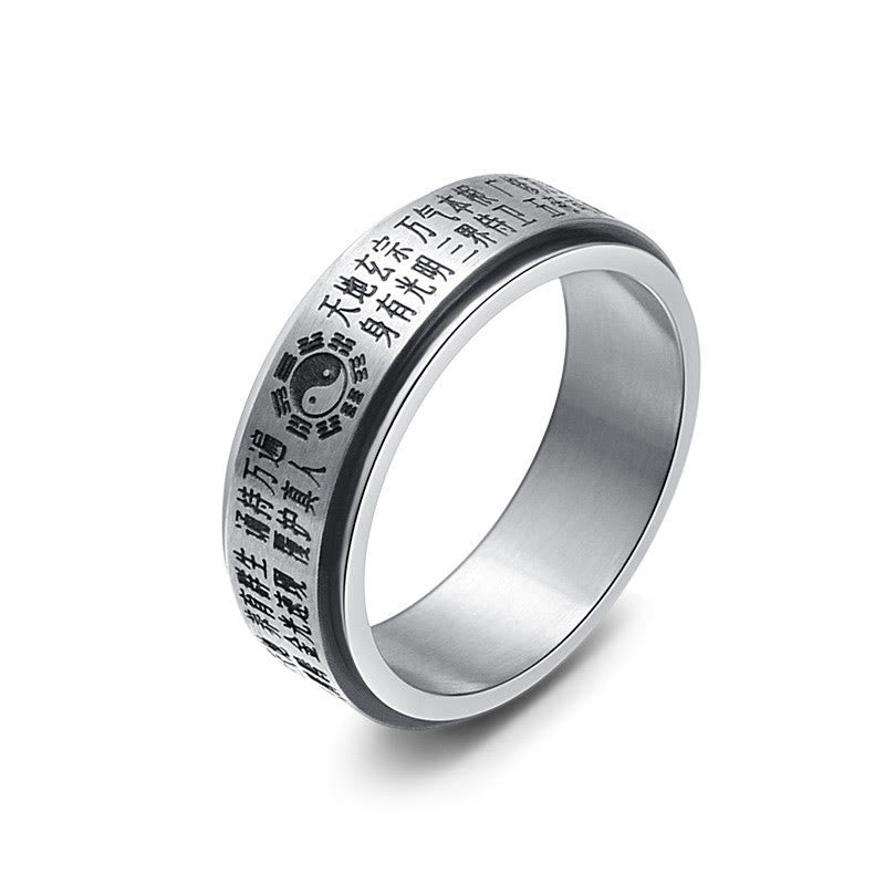Bagua Yin Yang Titanium Steel Rotatable Ring - white background product shot showing engraved yin-yang and Bagua trigrams ...