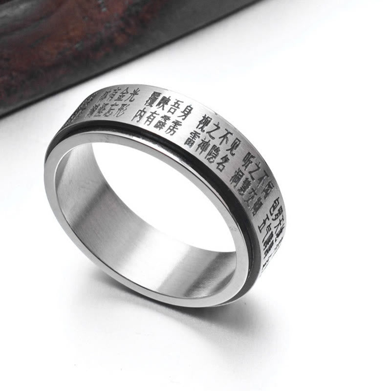 Bagua Yin Yang Titanium Steel Rotatable Ring - polished silver spinner with golden light mantra engraving, Taoist spiritua...
