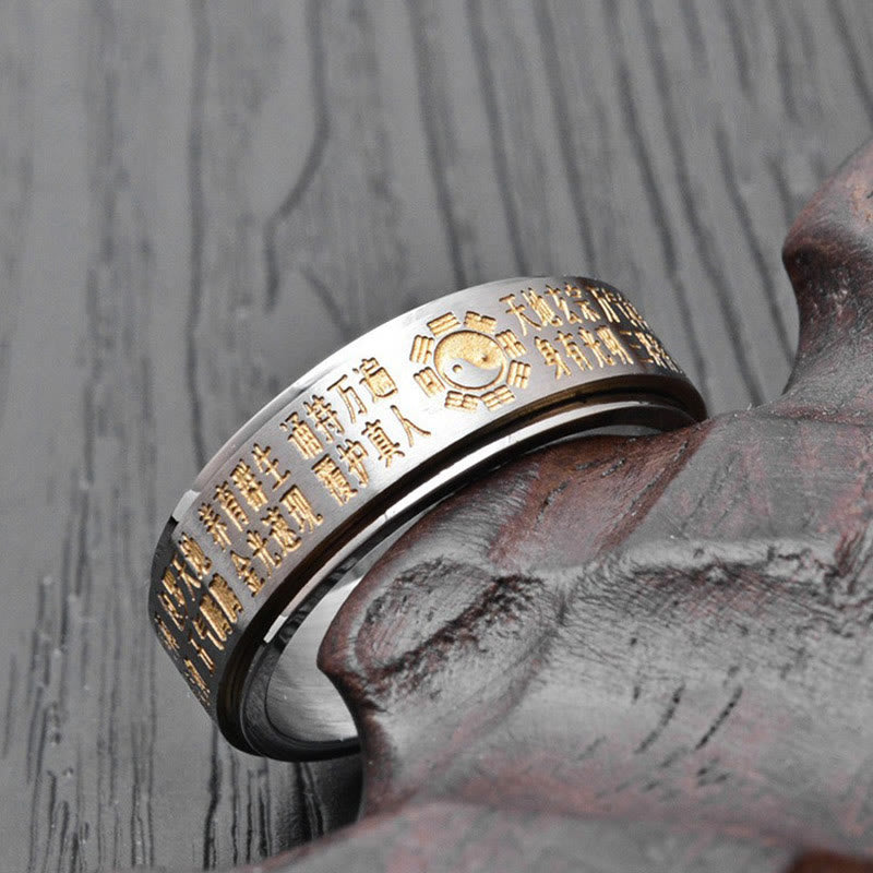 Bagua Yin Yang Titanium Steel Rotatable Ring - gold engraved Bagua trigrams and yin-yang on gunmetal outer band, silver in...