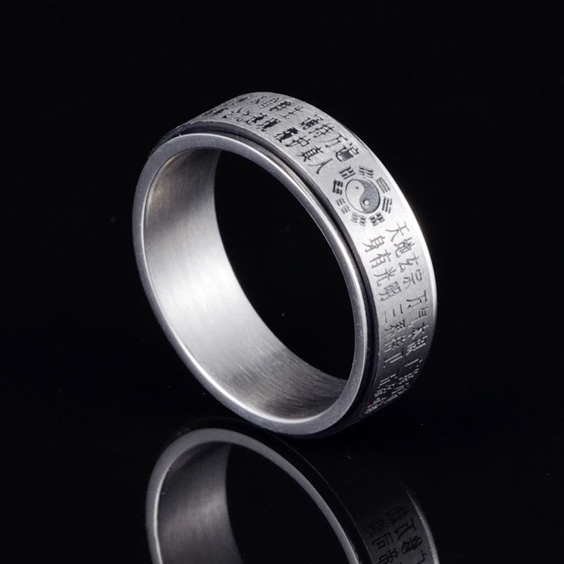 Bagua Yin Yang Titanium Steel Rotatable Ring - silver spinner ring with Taoist scripture engraving and yin-yang symbol on ...