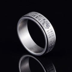 Bagua Yin Yang Titanium Steel Rotatable Ring - silver spinner ring with Taoist scripture engraving and yin-yang symbol on ...