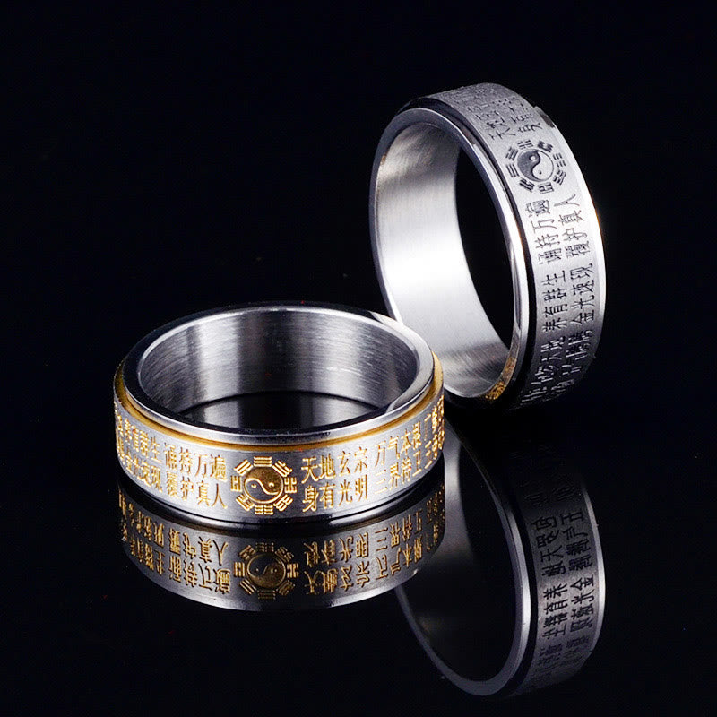 Bagua Yin Yang Titanium Steel Rotatable Ring - silver and gold spinner rings with yin-yang and Chinese characters on white...