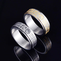 Bagua Yin Yang Titanium Steel Ring - gold and silver variants with Bagua trigrams and Chinese mantra engravings, rotatable...